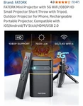 Fatork Mini Projector With 5G Wifi, 1080P Hd, Short Throw, Rechargeable Portable. Fixed Price $199.99.